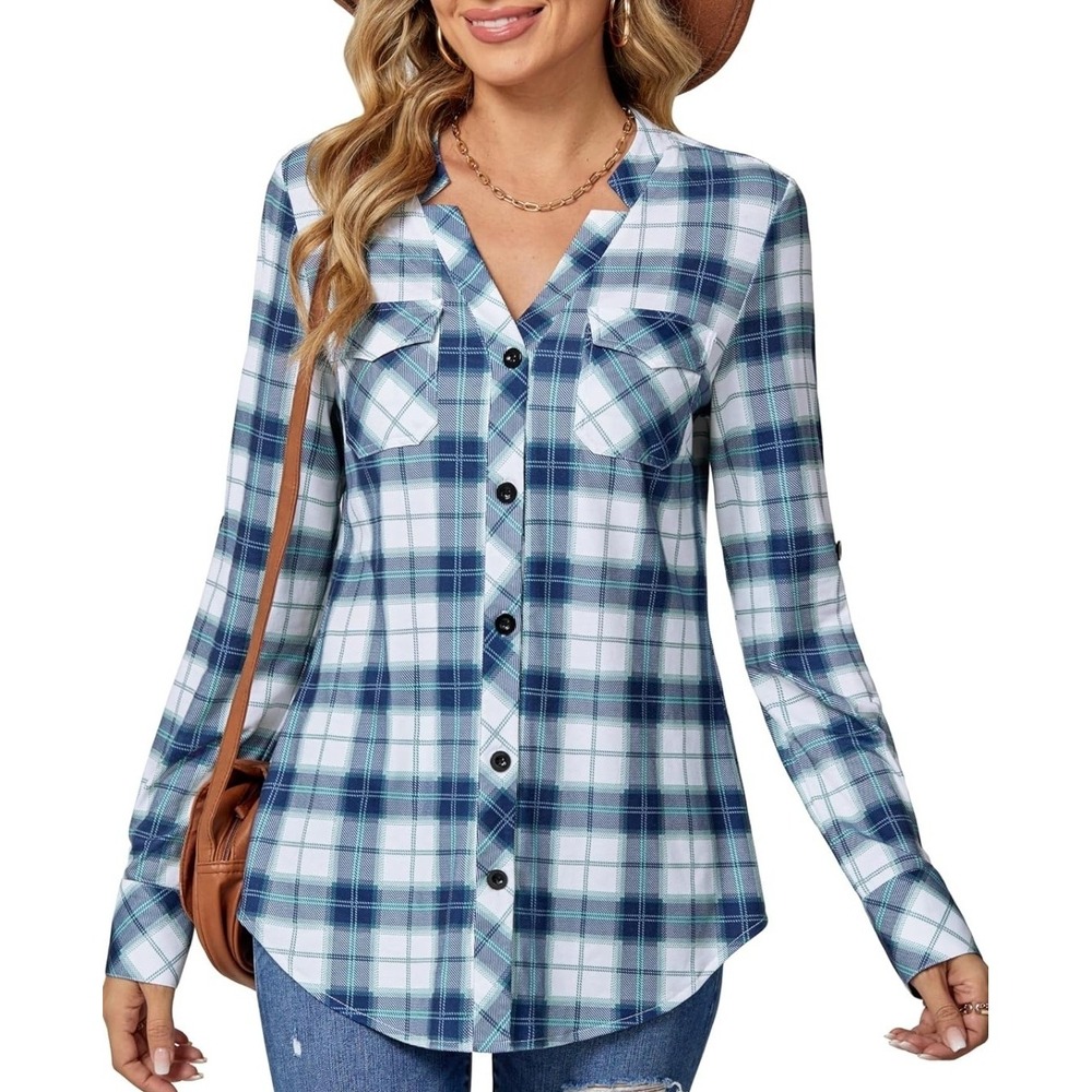 DJT Womens Soft Stretchy Knit Plaid Button Down Shirt Medium